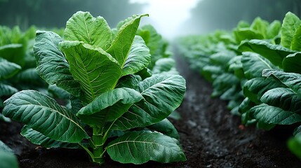 Fresh green tobacco plants growing in fertile soil high resolution picture