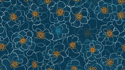 A seamless floral pattern featuring minimalist white and light blue flower outlines with vibrant orange centers against a deep teal background.