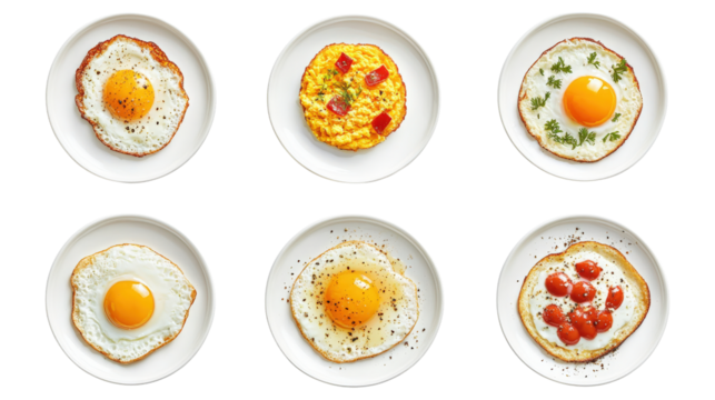 Six different egg dishes on white plates isolated on a transparent background