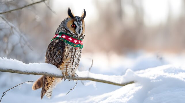 Festive owl in cozy sweater a charming winter scene evoking holiday warmth and gentle snowy delight