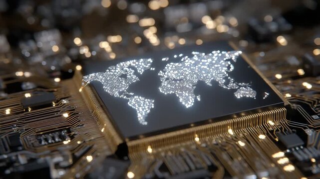 210Artistic close-up of a processor chip with integrated glowing world map, miniature LEDs along PCB traces, dramatic shadows emphasizing depth and precision