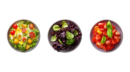 Three bowls of fresh salad isolated on a transparent background