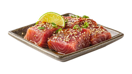 Tuna steak cubes with sesame seeds isolated on a transparent background