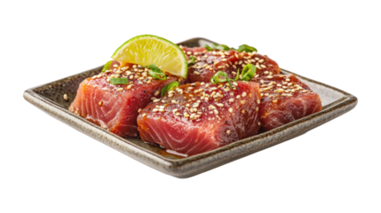 Tuna steak cubes with sesame seeds isolated on a transparent background