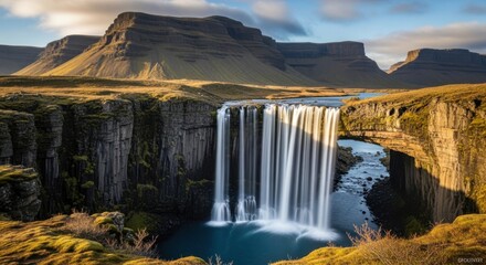 Majestic waterfall cascading over basalt columns in a rugged landscape with a natural rock arch use cases travel nature beauty