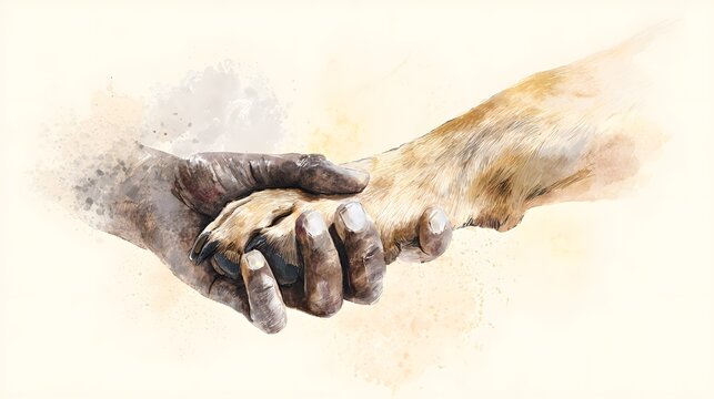 Gentle watercolor illustration of friendship a human hand holding a dog’s paw evokes trust - Powered by Adobe