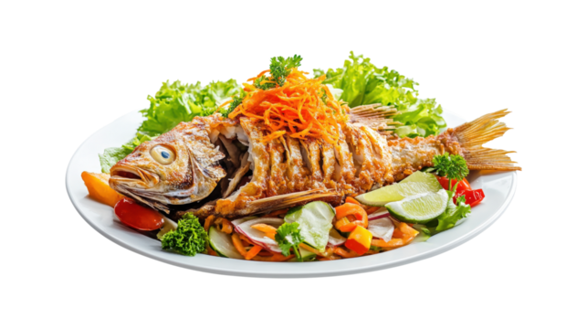 Whole Fried Fish with Salad isolated on a transparent background