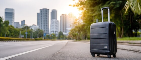 Suitcase on a city street during sunny day with blurred buildings in background and ample space for text or design use
