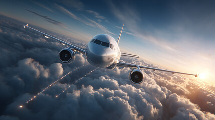 Airplane flying through clouds with contrails against a sunset sky view