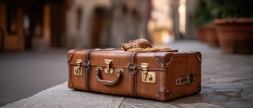 Elegant travel suitcase in an old European city street, inviting exploration and adventure through charming historic scenery