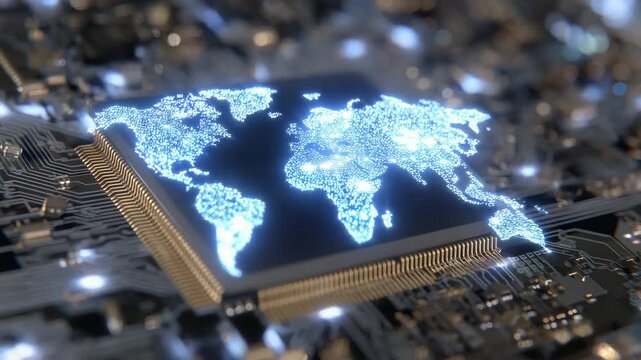 218Close-up of a CPU with integrated world map circuitry, neon light reflecting off solder points and metallic pads, cinematic depth of field