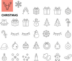 Christmas celebration icon set, festive holiday symbols, seasonal decorations, traditional winter elements, colorful graphic collection - flat vector illustration