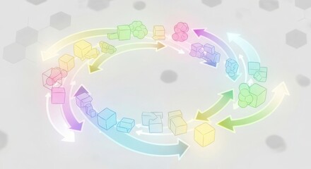 Abstract process flow with colorful arrows and geometric shapes