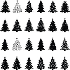 Christmas tree icon grid, festive seasonal designs, decorative holiday symbols, diverse tree styles and patterns - flat vector illustration