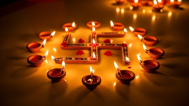 Illuminated swastika and oil lamps a symbol of auspiciousness and prosperity