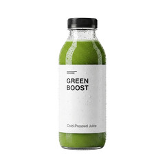 Close up of a bottle of green boost cold pressed juice against a black studio background image shot