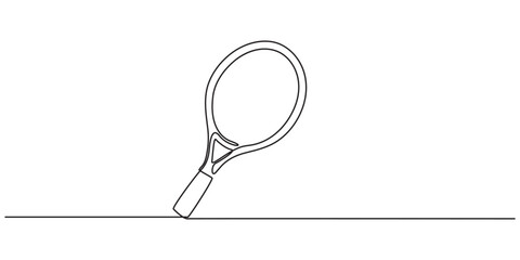 One line continuous tennis racket symbol concept. Sport competition game tennis ball. Digital white single line sketch drawing vector illustration