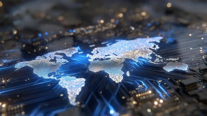 222Cinematic macro of a CPU with continents etched into its circuits, luminous PCB tracks extending across the chip, emphasizing global electronics trade - Powered by Adobe