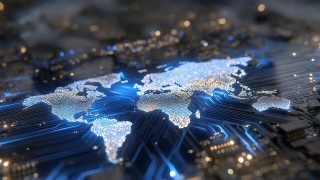 222Cinematic macro of a CPU with continents etched into its circuits, luminous PCB tracks extending across the chip, emphasizing global electronics trade