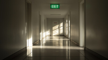 A dimly lit hallway with a green EXIT sign at the end, casting shadows and reflections on the tiled floor, creating a serene yet eerie atmosphere.