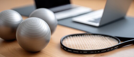 Home gym setup featuring fitness balls, yoga mat, tennis racket, laptop, and sports shoes for an active lifestyle