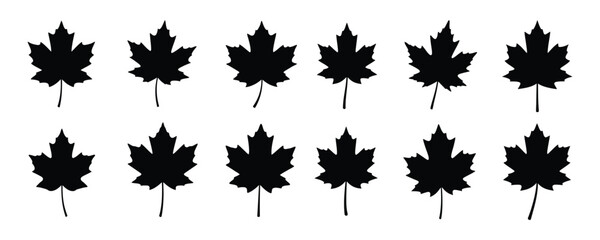 Black maple leaf silhouette icons set, canadian symbol for autumn and nature