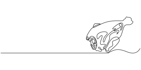 Continuous line drawing of Chicken leg with bone vector illustration. crispy fried chicken hand drawn minimalism style, Single continuous line drawing of hot crispy fried chicken leg for restaurant.