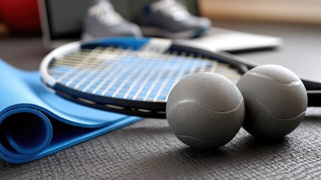 Fitness room with gray balls, blue yoga mat, and a tennis racket on the floor, showcasing a casual workout environment