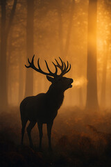 Majestic Red Deer Stag Silhouette in Misty Forest at Sunrise with Golden Fog. AI Generative.