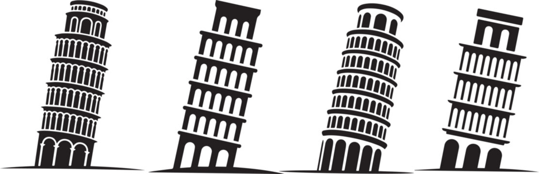 Four leaning towers of pisa illustrations in a row on a white background view