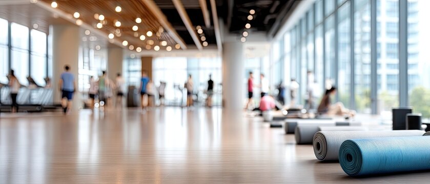 Modern gym interior with fitness enthusiasts engaging in workouts and a deep blur effect, perfect for branding opportunities