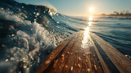 A surfboard riding a wave with the sun shining on the horizon at daytime