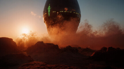 Alien Starship Landing at Sunset on a Red Desert Planet – Cinematic Sci-Fi Landscape