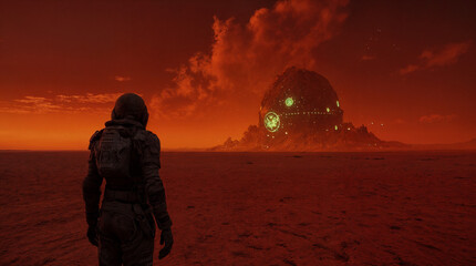 Alien Starship Landing at Sunset on a Red Desert Planet – Cinematic Sci-Fi Landscape