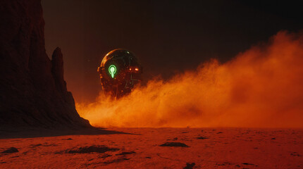 Alien Starship Landing at Sunset on a Red Desert Planet – Cinematic Sci-Fi Landscape