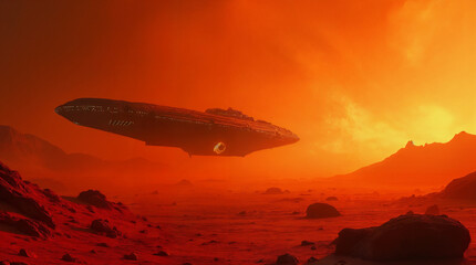 Alien Starship Landing at Sunset on a Red Desert Planet – Cinematic Sci-Fi Landscape