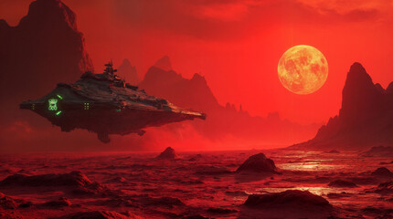 Alien Starship Landing at Sunset on a Red Desert Planet – Cinematic Sci-Fi Landscape
