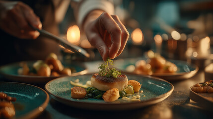 A chef artfully garnishes a beautifully plated dish, featuring vibrant vegetables and a perfectly seared protein, highlighting culinary finesse.
