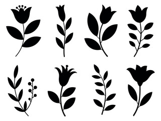 Collection of eight black silhouette floral and leaf designs on a white background