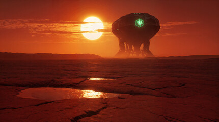 Alien Starship Landing at Sunset on a Red Desert Planet – Cinematic Sci-Fi Landscape