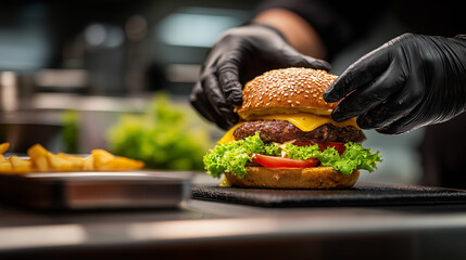 A chef in black gloves carefully assembles a juicy cheeseburger with fresh lettuce, tomato, and a sesame seed bun, accompanied by golden fries.