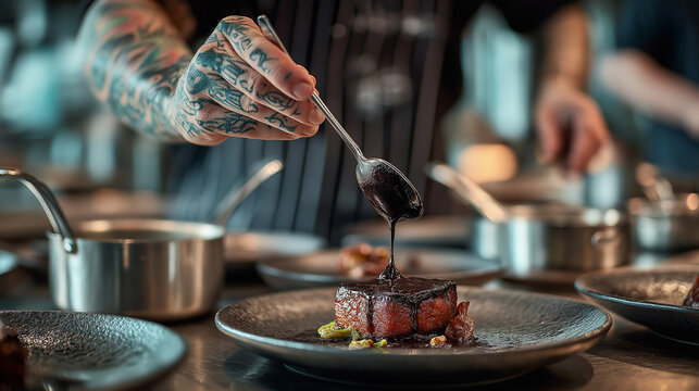 A tattooed chef elegantly drizzles sauce over a gourmet dish on a textured plate, showcasing culinary artistry and precision in a vibrant kitchen setting.
