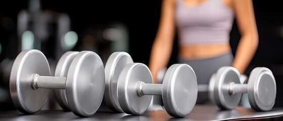 Dumbbells on a table with a woman exercising in a gym with a dark atmosphere and beautiful lighting