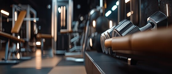 Modern gym interior featuring fitness equipment with a dark blue and black color scheme, ideal for promotional banners and fitness advertisements