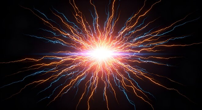 Powerful electrical discharge, dynamic abstract, orange blue and white, representing energy and the theme of THE VOID
