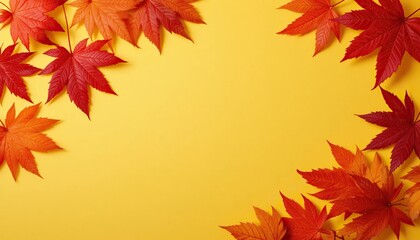 Fototapeta premium Vibrant red and orange autumn leaves framing a bright yellow background with ample copy space, a seasonal nature flat lay
