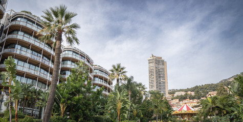 Monaco Monte Carlo Skyline with Luxury Yachts cars ans casino on the Mediterranean Coast