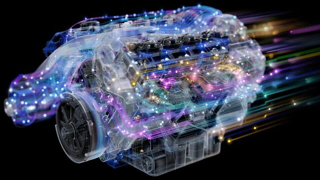 237Detailed schematic of a combustion engine, each part represented in vibrant hues, wiring highlighted with glowing accents for clarity