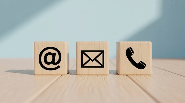 Contact us now! Wooden blocks displaying email, message, and phone icons for communication