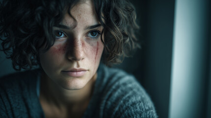 A contemplative young woman with curly hair, displaying subtle signs of distress, gazes thoughtfully, illuminated by soft light.